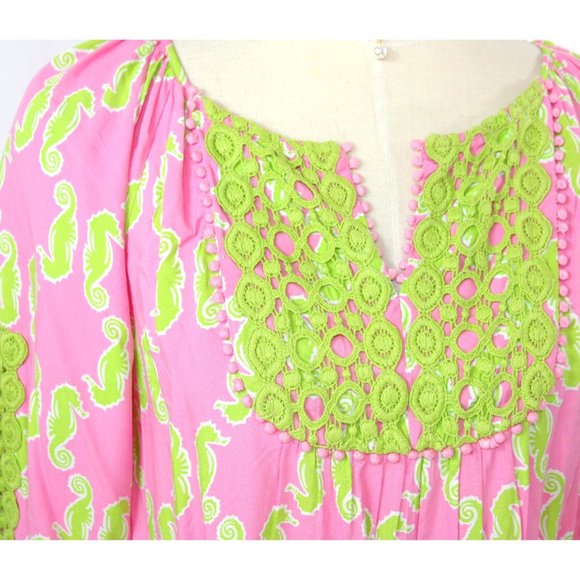 Crown & Ivy Small Seahorses Boho Poet's Blouse Tunic Top w Green Crochet Trim - Picture 2 of 9